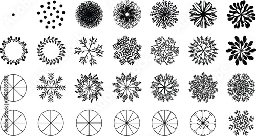Collection of Various Decorative Circular Patterns and Snowflakes Representing Symmetry and Design