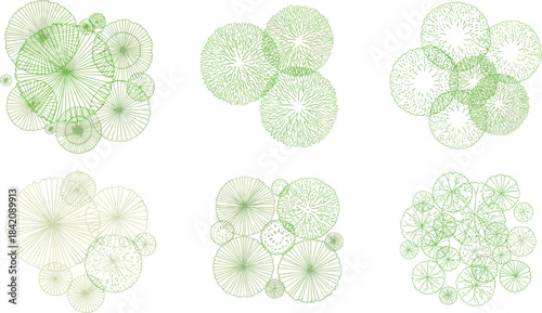 Illustration of green floral patterns on a white background from a direct viewpoint showcasing intricate designs and varying shades