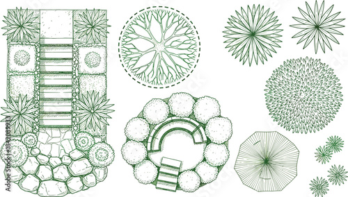 Detailed illustrations of garden designs and floral patterns showcased in a clean white background