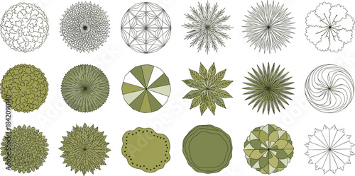 Comprehensive collection of diverse tree and plant symbols presented in top-down view, essential for architectural, urban, and landscape design planning and visualization projects