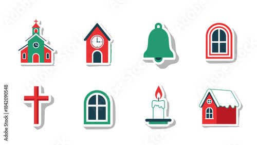 Set of christmas icons including church, bell, candle, and cross