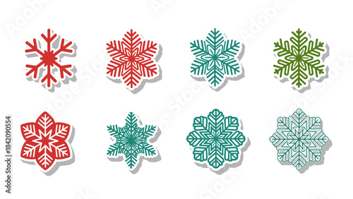 Set of eight colorful snowflake icons on for winter