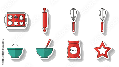 Set of kitchen utensils and ingredients for cooking and baking