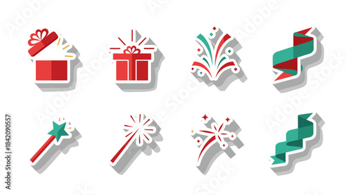 Set of colorful celebration and party icons with festive effects