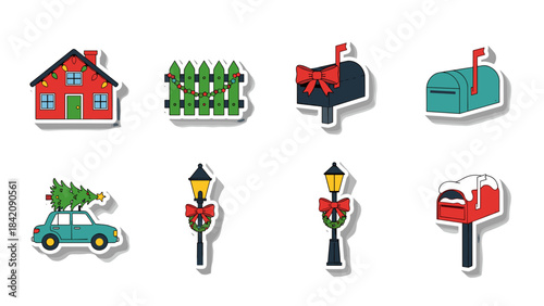 Set of house fence mailbox street lamp and vehicle icons