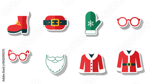 Set of christmas themed icons including santa boots and accessories