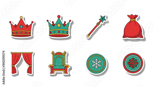Set of colorful royal crowns scepters and throne illustration