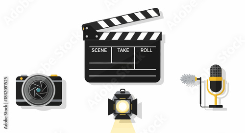 Film Production Equipment - Camera, Clapperboard, Light, and Microphone.