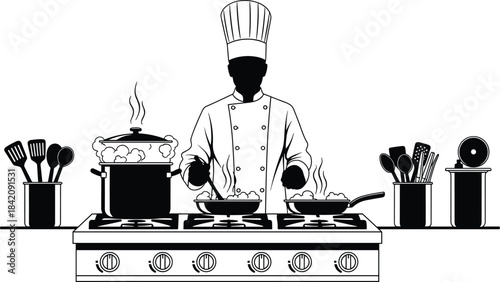 Professional chef silhouette cooking over stove with steaming pots and frying pans, black and white vector line illustration, food service, culinary arts.