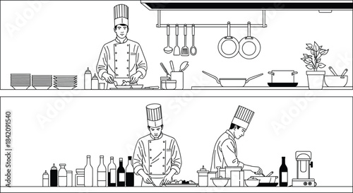 Group of chefs preparing gourmet meals in a professional restaurant kitchen, black and white vector line illustration, culinary expertise, food service.