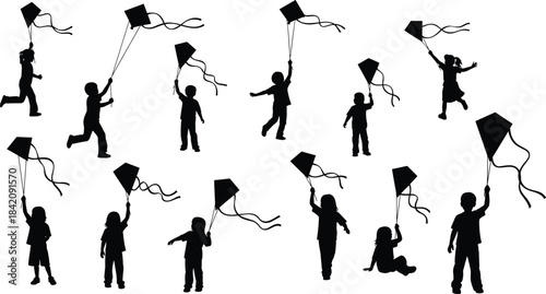 Set of diverse children and kids silhouettes playing, running, and holding kites, symbolizing freedom, childhood, and outdoor summer fun activities.