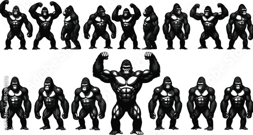 Set of powerful black gorilla and monkey silhouettes in various fighting and standing poses, symbolizing strength, masculinity, and wildlife.