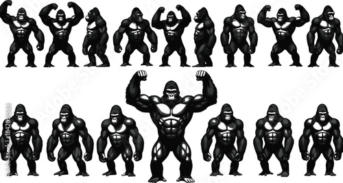 Set of powerful black gorilla and monkey silhouettes in various fighting and standing poses, symbolizing strength, masculinity, and wildlife.