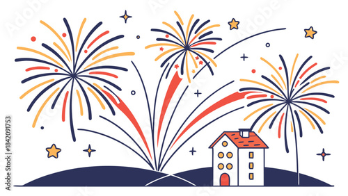 Festive night sky illuminated by colorful fireworks above a quaint home