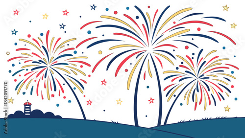 Vibrant Pyrotechnics Exploding Above a Coastal Landscape with a Lighthouse