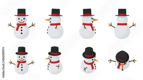 Cartoon snowman character in various poses and angles, including front, side, back, and top views, wearing a black top hat and red scarf, isolated on white background.