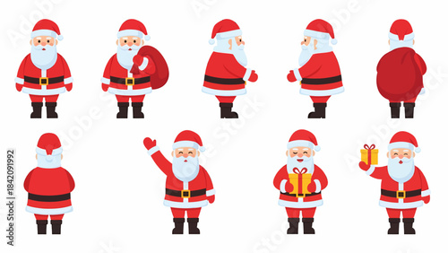 A collection of cartoon Santa Claus illustrations in various poses and angles.