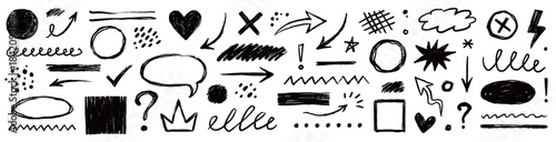 Arrow brush stroke chalk texture elements. Hand drawn crayon pastel stroke arrows, chalk circles, dot color set. Highlight, circle frame brush chalk scribble shapes set. Vector illustration