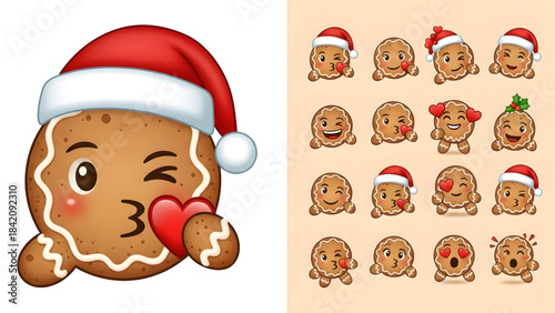 Cartoon gingerbread man emoticon stickers with santa hats on