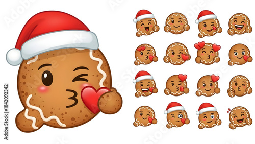 Collection of cute gingerbread man emojis wearing santa hats on