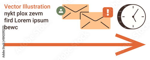 Communication, time management, notifications, workflow optimization, alert systems, messaging. Envelopes with icons, a clock and a forward arrow. Communication and time management concepts