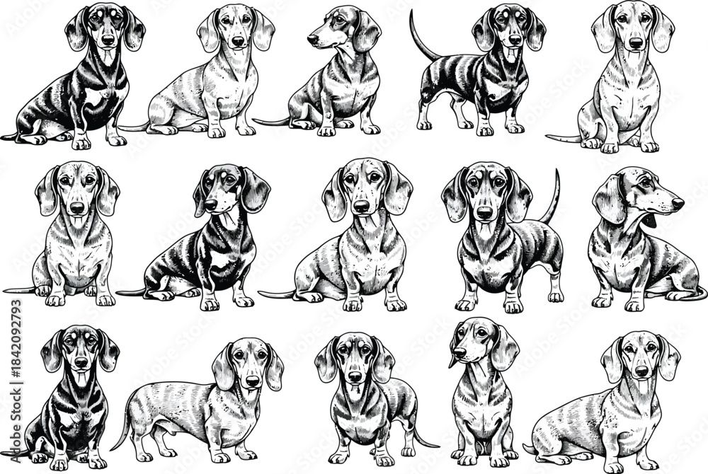 Obraz premium Collection of various dachshund dog breeds in different poses and styles hand drawn sketch art illustration