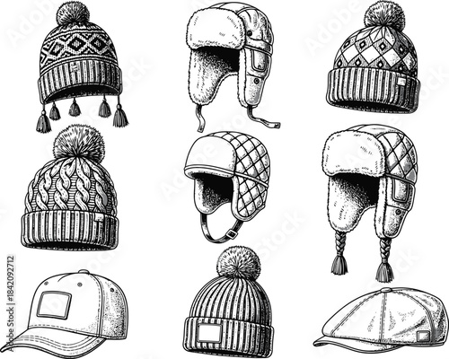 Collection of nine hand drawn black and white sketches of various winter hats and beanies for cold weather