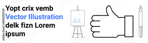 Art education, design tool, graphic creation, branding, approval, minimalism. Large hand outline with canvas and pen alongside text placeholder. Art education and design tool