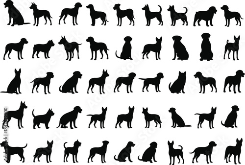A collection of black silhouettes featuring various dog breeds and poses