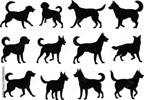 A diverse collection of black dog silhouettes showcasing various breeds and active poses