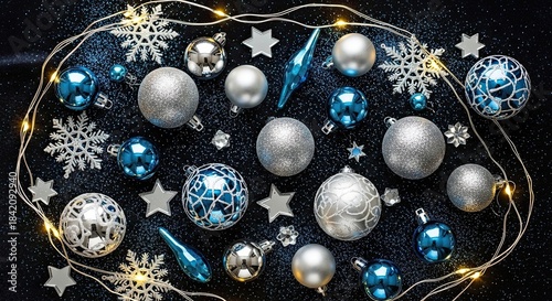 Christmas decorations on dark background, festive holiday design, sparkling ornaments, winter glow