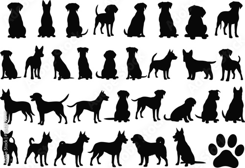 A comprehensive collection of dog silhouettes in various poses and breeds