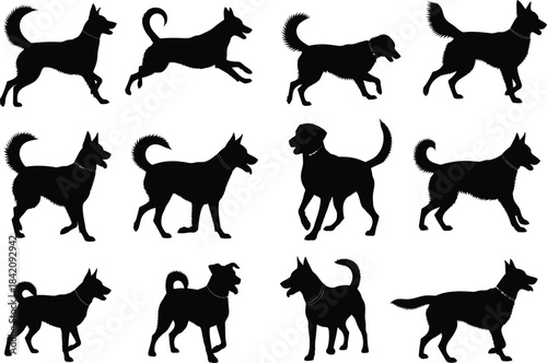 Diverse set of black silhouettes illustrating various dog poses like walking, running, and standing