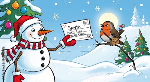 Snowman and robin with letter to Santa, christmas magic, winter holiday, festive wish delivery, joy