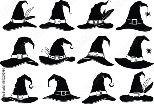 A collection of black silhouette witch hats with various designs for halloween