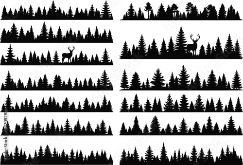 Set of multiple forest silhouettes with pine trees and deer for design elements