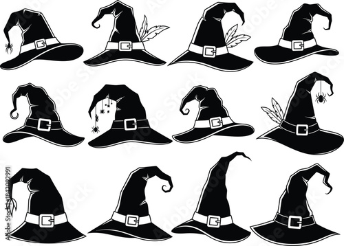 A collection of spooky black witch hats for halloween celebration and magic spells