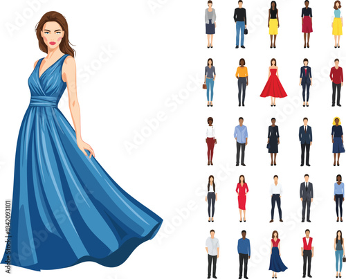 Elegant woman in a flowing blue gown alongside a collection of diverse character illustrations