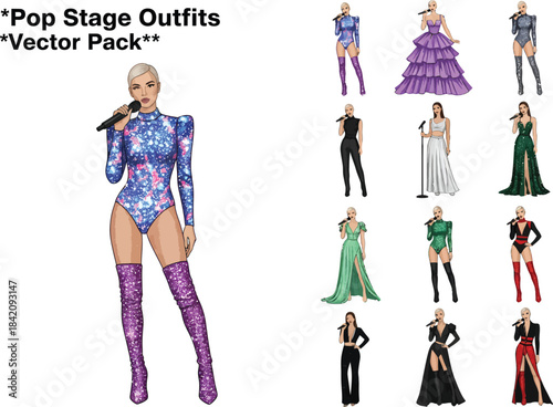 Pop stage outfits vector pack featuring a female singer in various glamorous costumes