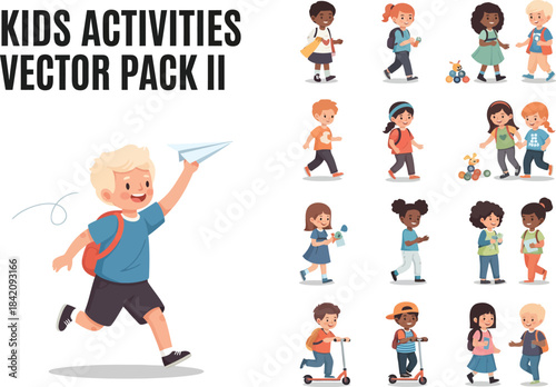 Happy diverse children engaging in school and leisure activities vector collection
