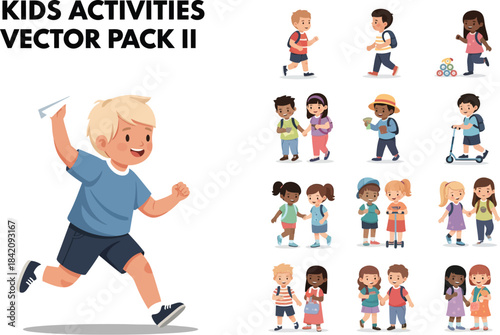 Illustrated children characters engaging in various activities like playing, walking, and school trips.