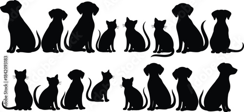 Silhouettes of dogs and cats in a mirrored pattern with upright and inverted rows