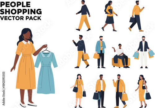 A diverse collection of people shopping illustrations perfect for retail and fashion themes