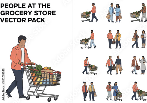 Diverse people shopping at the grocery store, vector illustration pack with various scenes