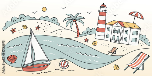 Beach scene with sailboat, lighthouse, and palm tree Vector
