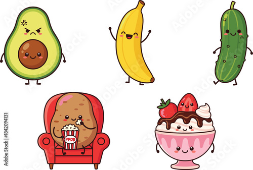 Adorable kawaii food characters including avocado, banana, cucumber, potato with popcorn, and strawberry ice cream in cute vector style.