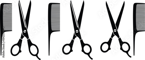 Black silhouette hairdressing scissors and comb illustration set perfect for barbershop logos, salon branding, and stylist design elements.