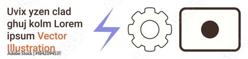 Technology concepts, energy efficiency, innovation, industrial engineering, process management, and system design. Lightning bolt with a gear and rectangular symbol. Technology and energy efficiency