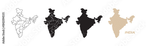 Maps of India in various styles, with black and gold lines on a white background.