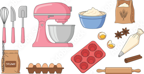 Collection of baking tools and ingredients including mixer, rolling pin, eggs, flour, utensils, and piping bag in vector illustration.
